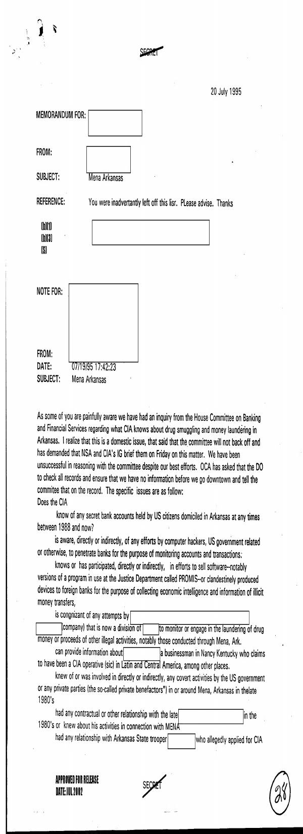 Page 1 preview of CIA Internal Routing and Inquiry Response Regarding House Banking Committee Mena Investigation