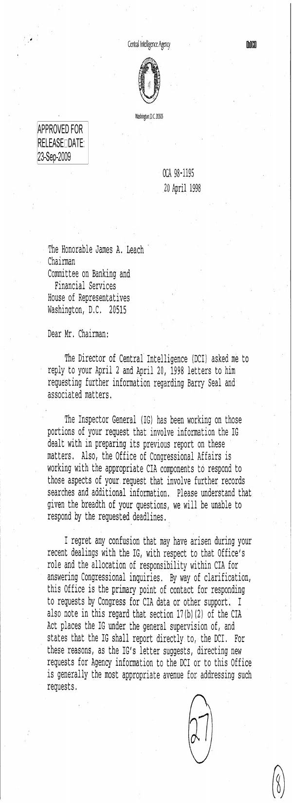 Page 1 preview of Letter to James A. Leach Regarding Information Requests on Barry Seal