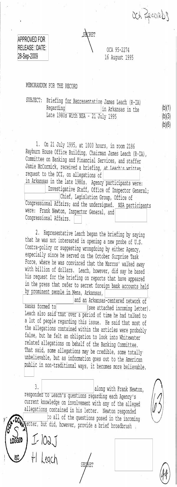 Page 1 preview of CIA Briefing for Representative James Leach Regarding Arkansas in the Late 1980s