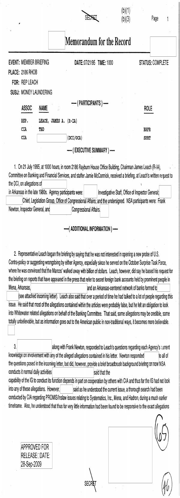 Page 1 preview of CIA Memo for the Record: Briefing for Representative James Leach on Mena and Money Laundering