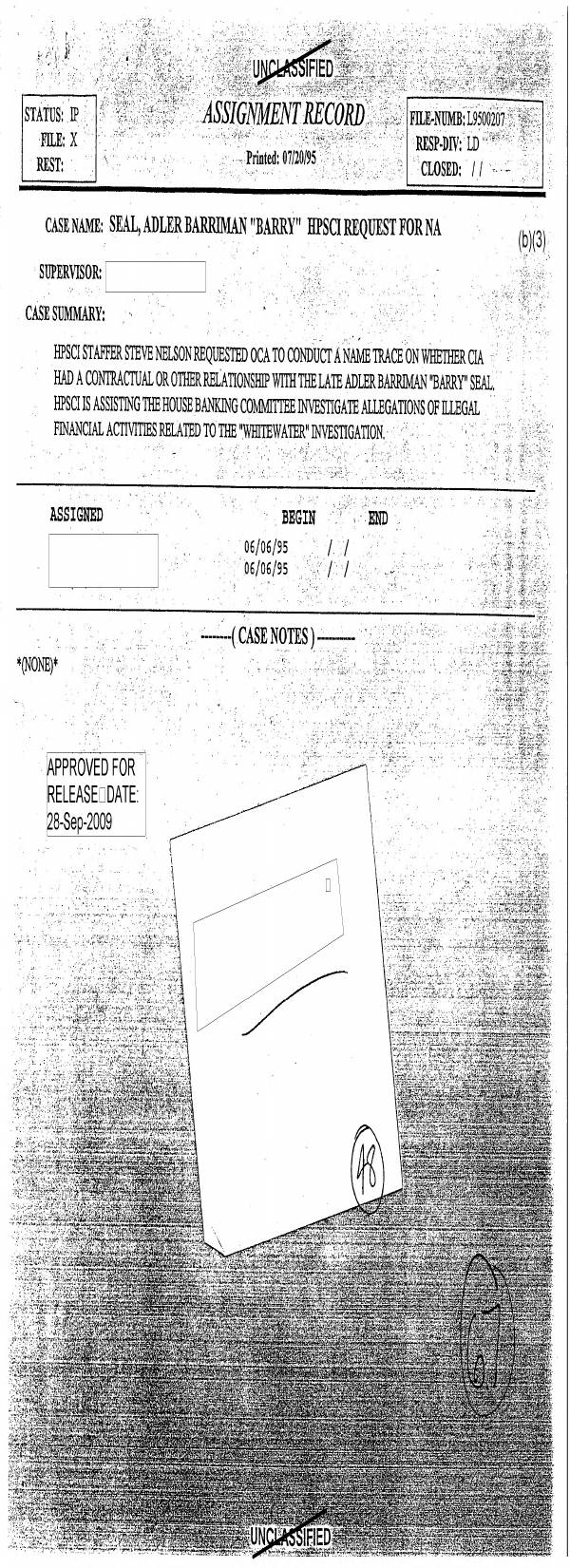 Page 1 preview of CIA Office of General Counsel Tracking Record: HPSCI Name Trace Request on Adler Barriman "Barry" Seal