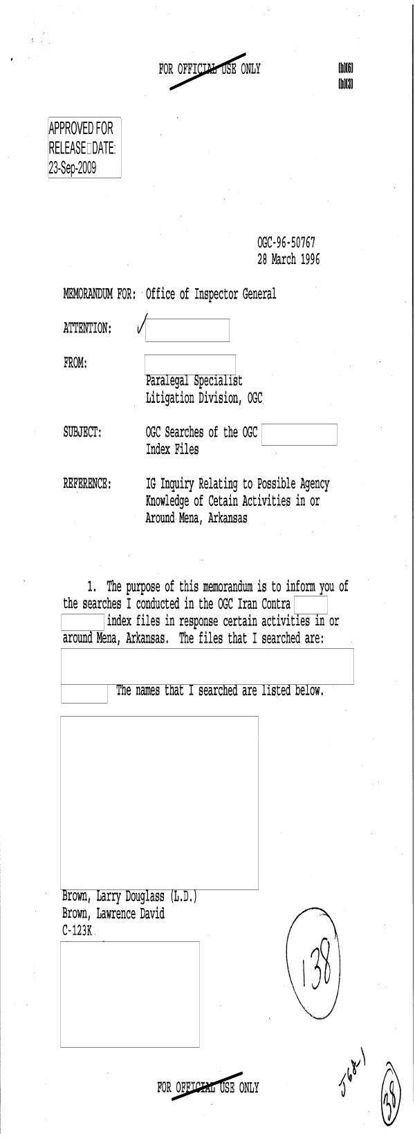 Page 1 preview of OGC Searches of the OGC Index Files Regarding Mena, Arkansas Inquiry