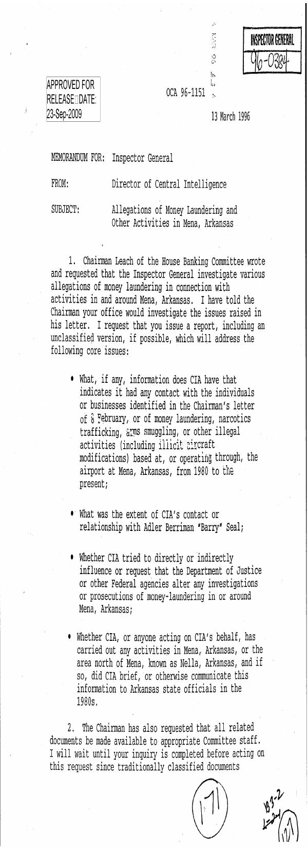 Page 1 preview of Allegations of Money Laundering and Other Activities in Mena, Arkansas