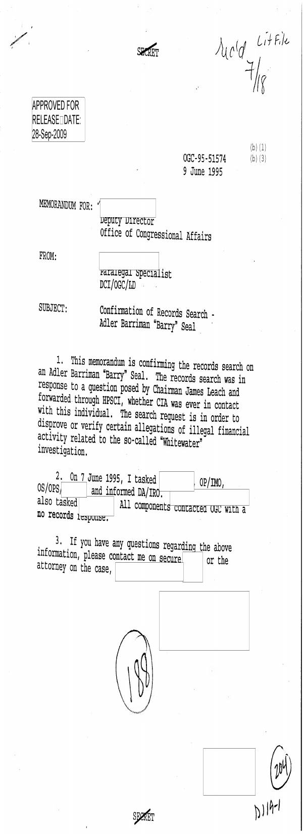 Page 1 preview of CIA Confirmation of Records Search on Adler Barriman "Barry" Seal