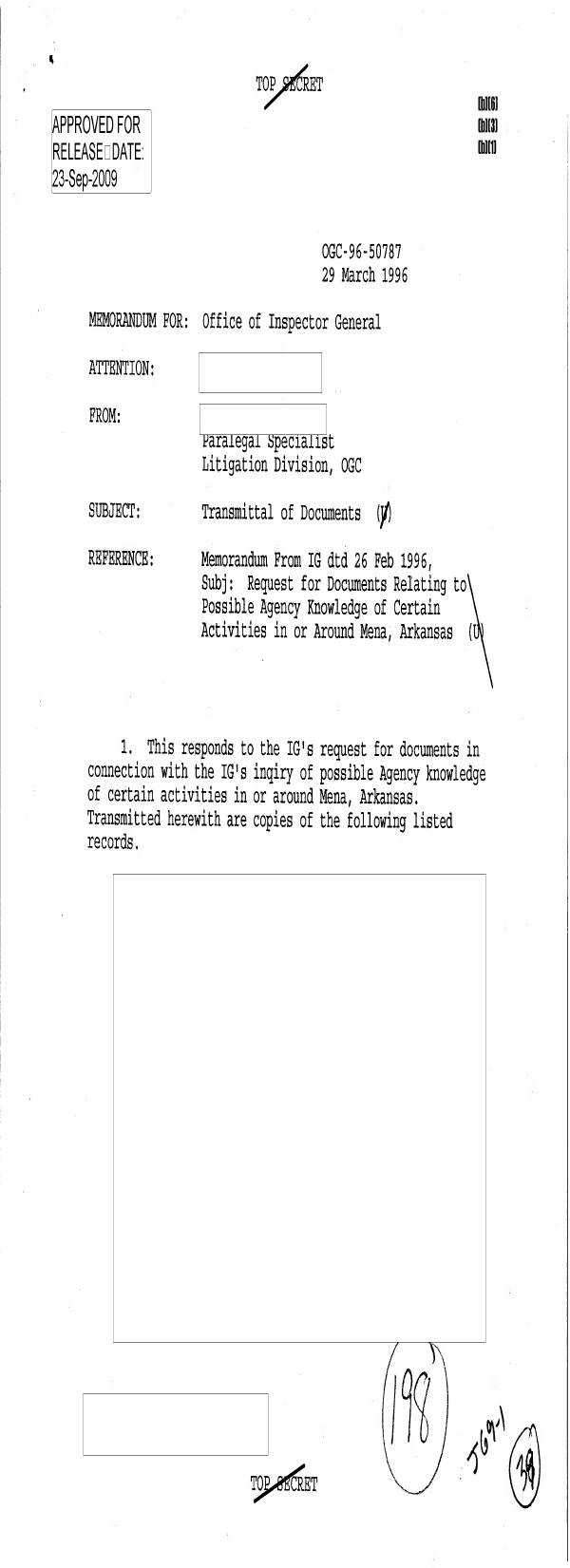 Page 1 preview of Transmittal of Documents: Response to IG Inquiry Regarding Activities in Mena, Arkansas