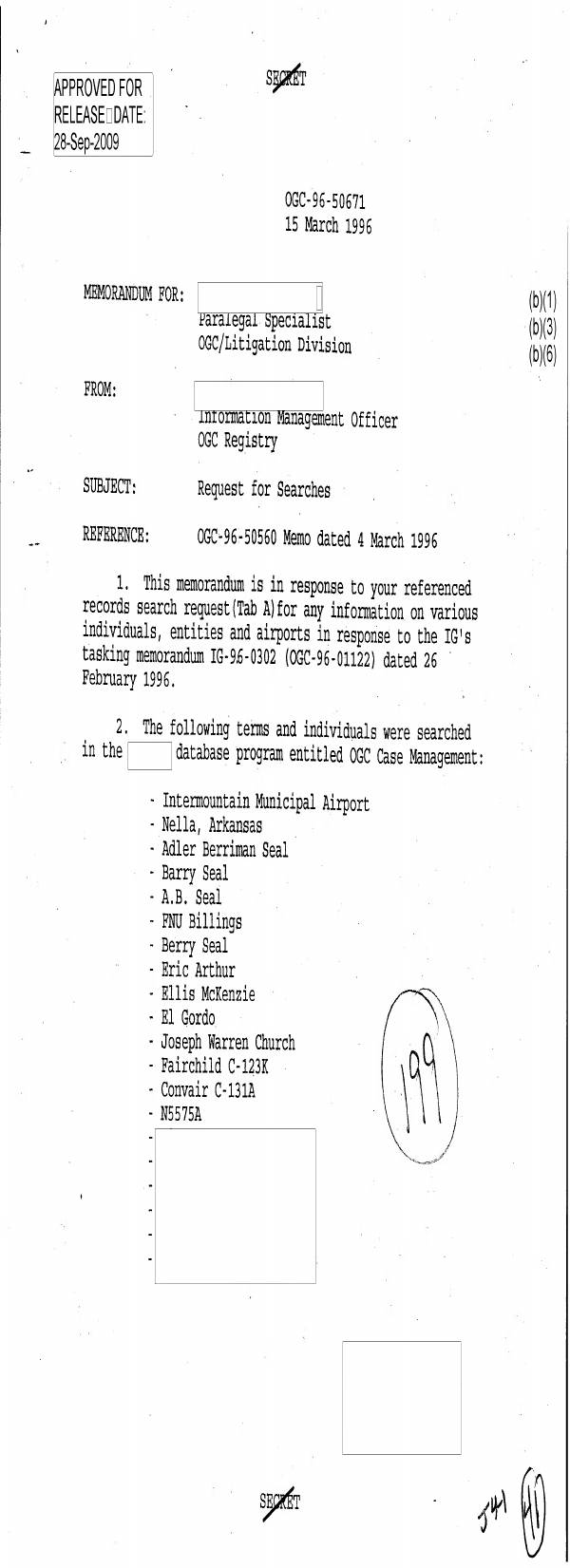 Page 1 preview of CIA OGC Memorandum: Request for Searches