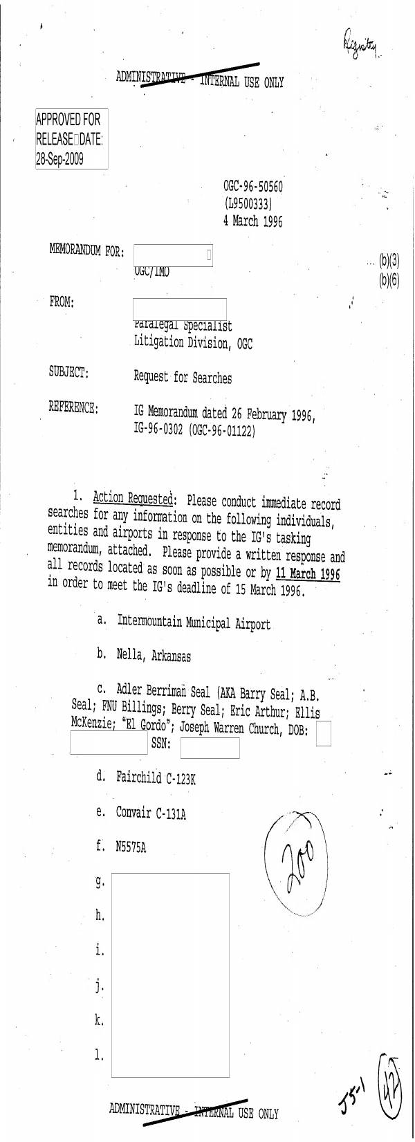 Page 1 preview of CIA OGC Request for Searches Concerning Barry Seal, Larry Brown, and Intermountain Municipal Airport