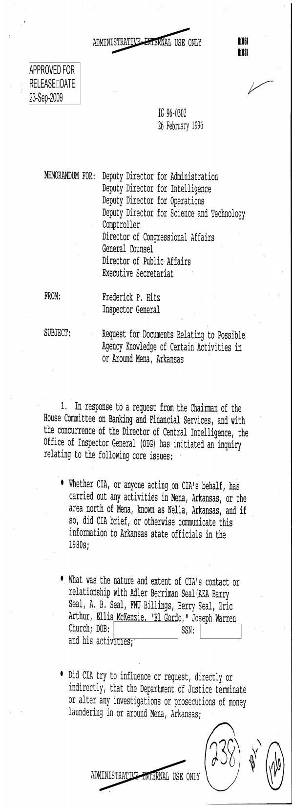 Page 1 preview of CIA Inspector General Request for Documents on Activities in or Around Mena, Arkansas