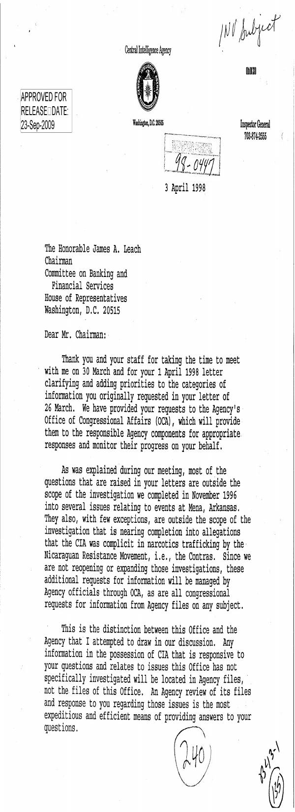 Page 1 preview of Letter to James A. Leach From Frederick P. Hitz Regarding Inquiries on Mena and Contras