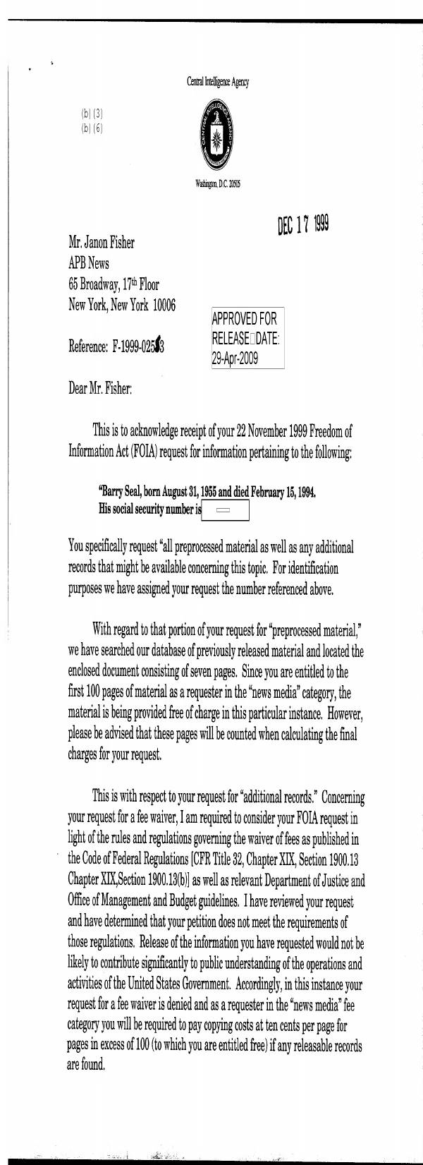Page 1 preview of CIA Response to FOIA Request by Janon Fisher Regarding Barry Seal