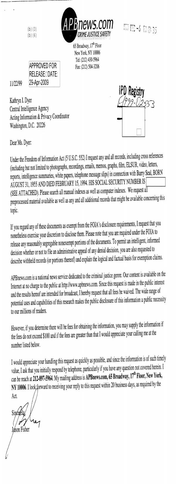 Page 1 preview of FOIA Request to CIA from Janon Fisher (APBnews.com) for Records on Barry Seal