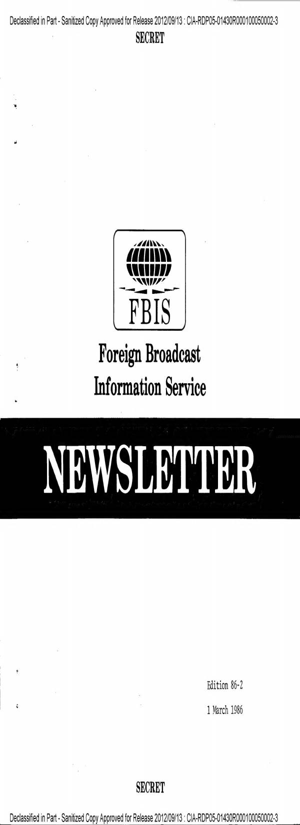 Page 1 preview of FBIS Newsletter, Edition 86-2