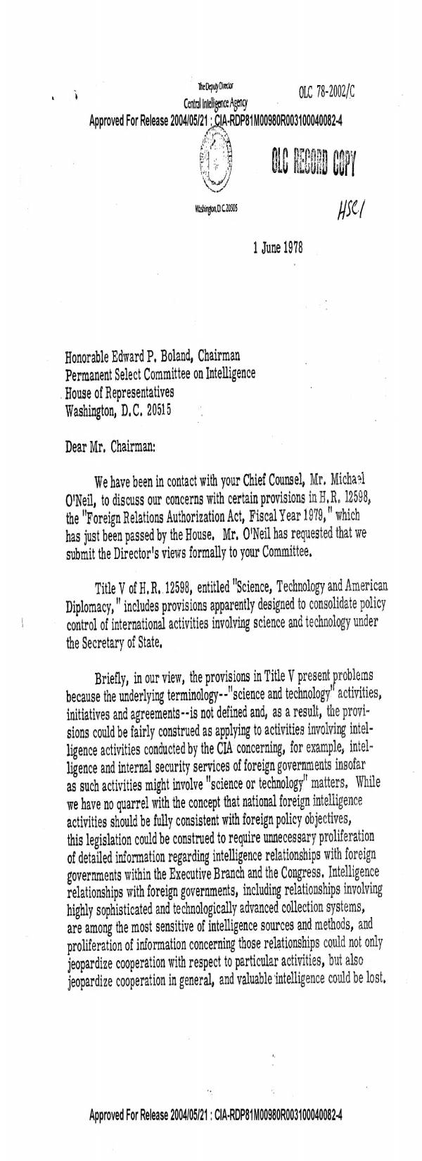 Page 1 preview of Letter to Edward P. Boland from Frank Carlucci on H.R. 12598 Title V Concerns