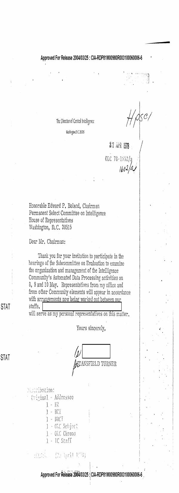 Page 1 preview of Letter to Edward P. Boland from Stansfield Turner regarding ADP Activities Hearings