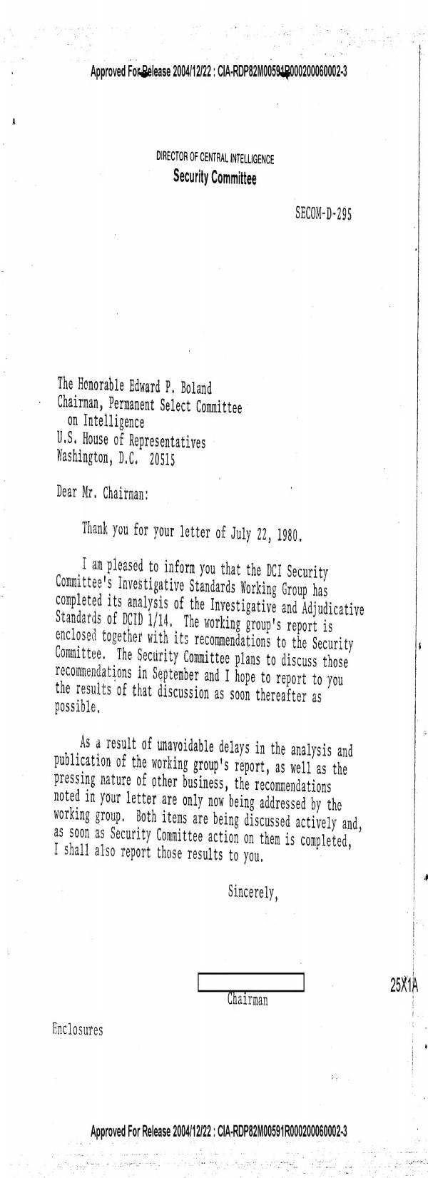 Page 1 preview of Letter to Edward P. Boland Regarding Investigative and Adjudicative Standards of DCID 1/14