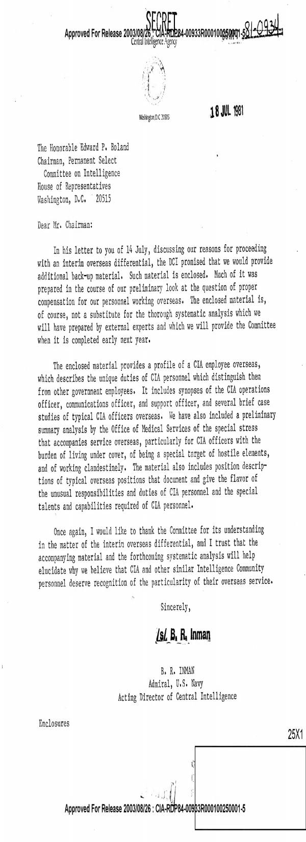 Page 1 preview of Letter to Edward P. Boland from Acting DCI B. R. Inman on Overseas Differential and Employee Profile