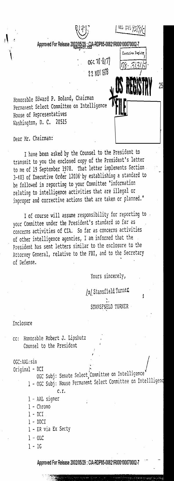 Page 1 preview of Letter to Edward P. Boland from Stansfield Turner on Reporting Intelligence Abuses