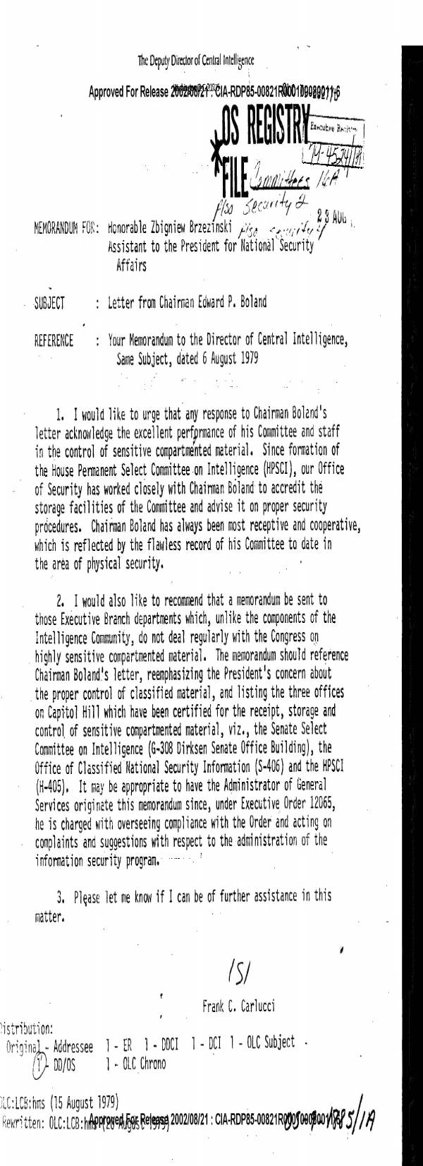Page 1 preview of Memorandum from Frank C. Carlucci to Zbigniew Brzezinski Regarding Letter from Chairman Edward P. Boland