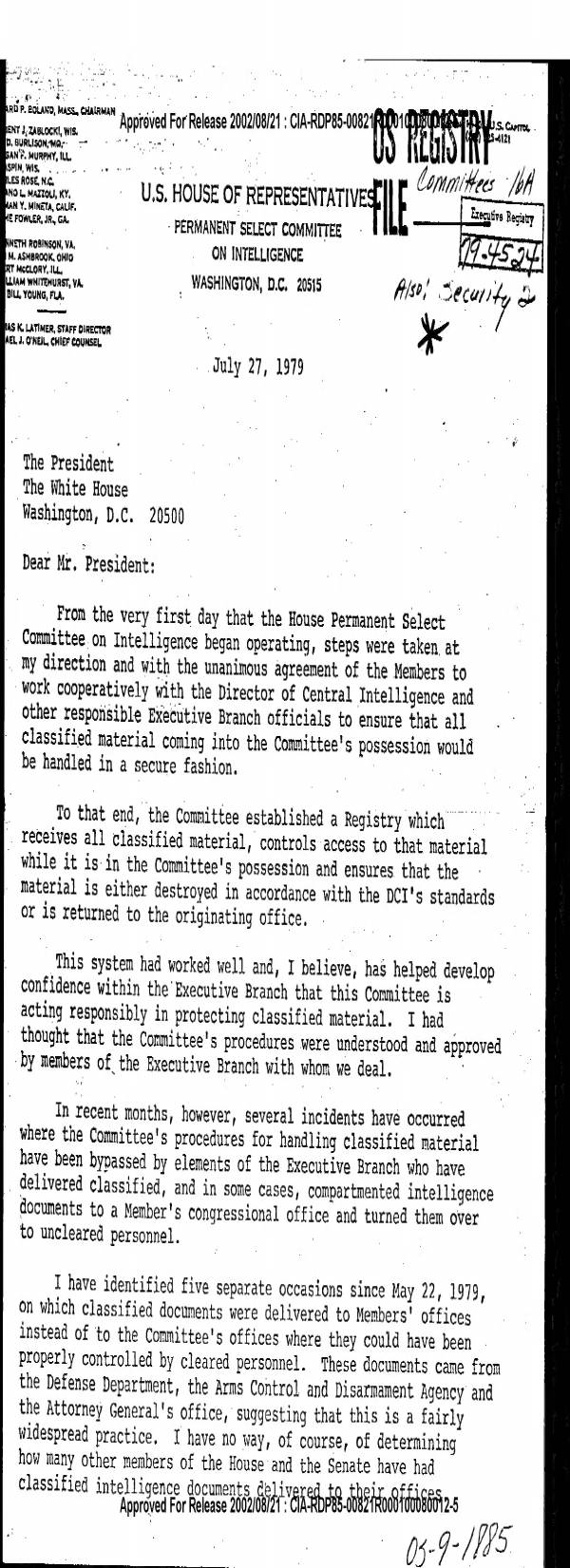 Page 1 preview of Letter from Edward P. Boland to the President on Handling of Classified Material