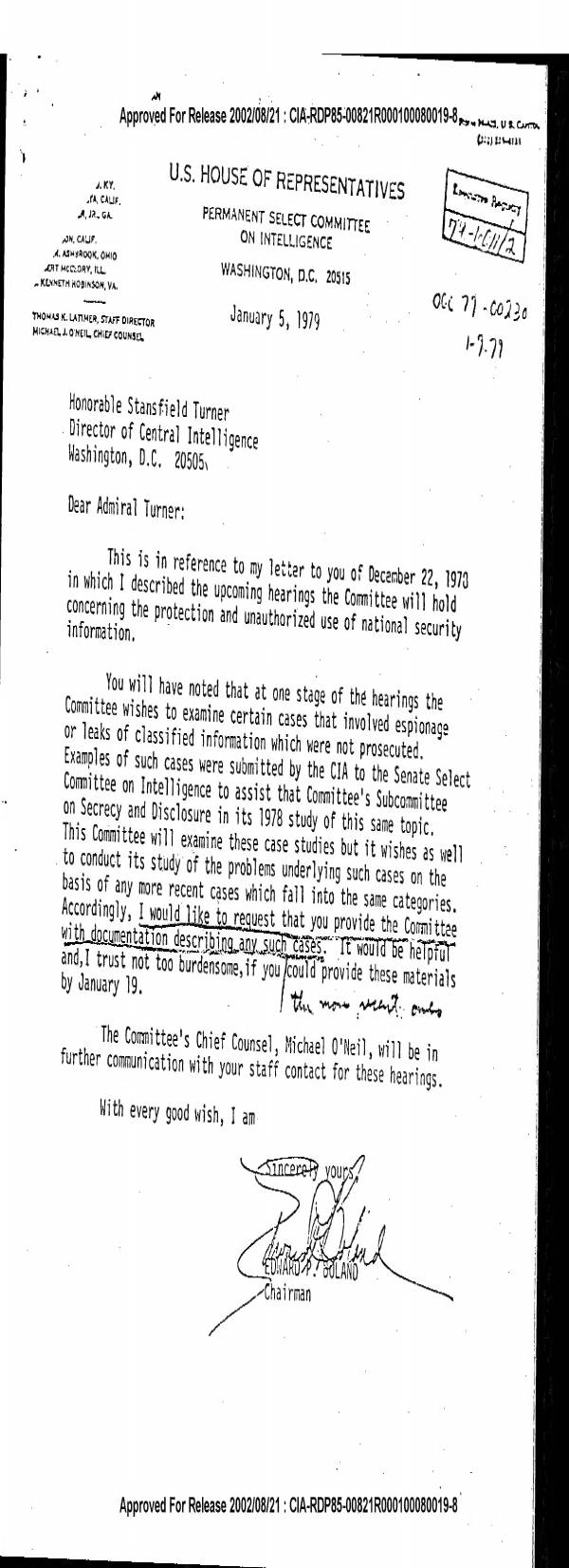 Page 1 preview of Letter from Edward P. Boland to Stansfield Turner Requesting Documentation on Unprosecuted Espionage Cases