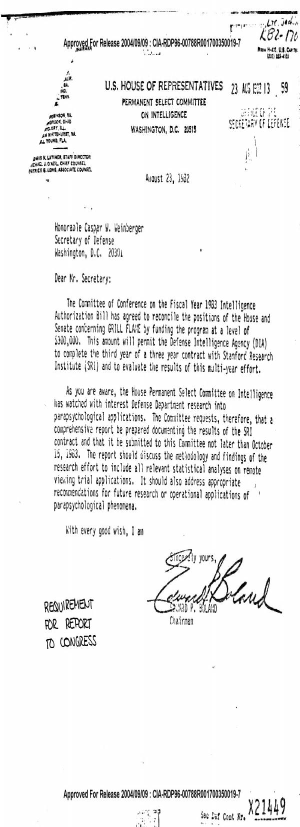 Page 1 preview of Letter from Congressman Edward P. Boland to Secretary of Defense Caspar W. Weinberger on GRILL FLAME Funding