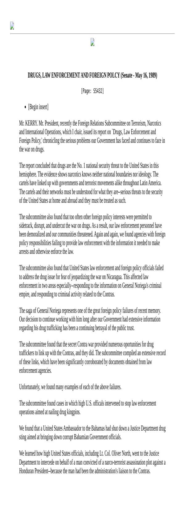 Page 1 preview of Sen. John Kerry Floor Statement on Drugs, Law Enforcement and Foreign Policy