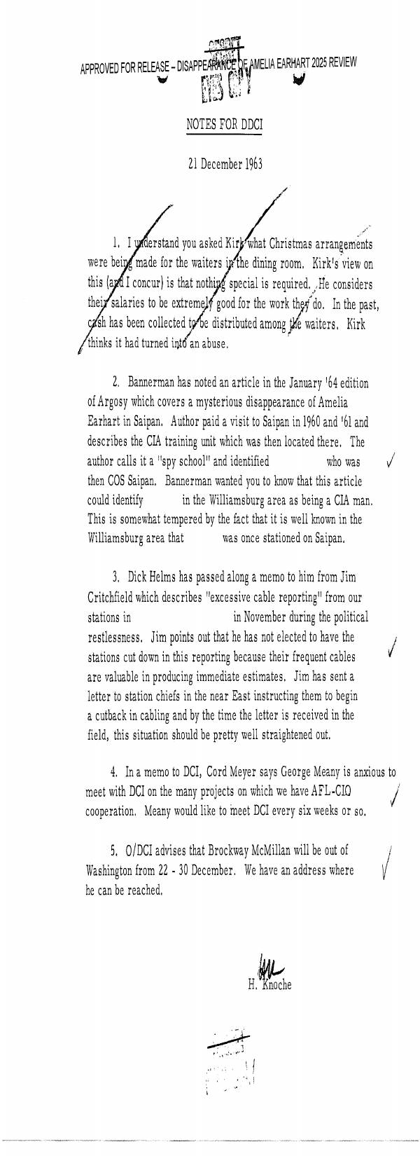 Page 1 preview of Notes for DDCI on Amelia Earhart Article, Near East Cabling, and AFL-CIO Coordination