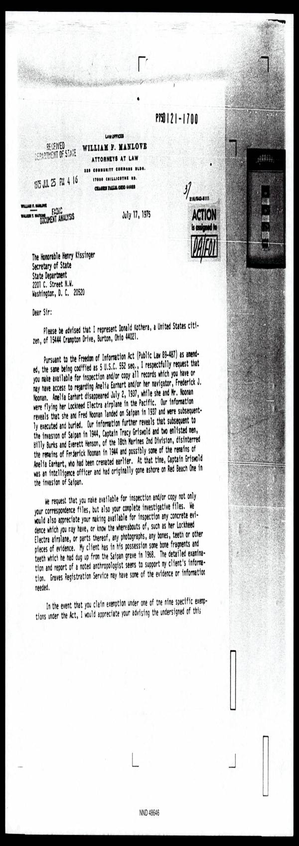 Page 1 preview of Freedom of Information Act Request for Amelia Earhart Records to Secretary of State Henry Kissinger