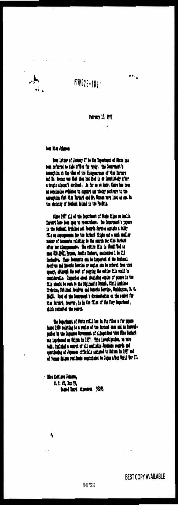 Page 1 preview of State Department Correspondence with Kathleen Johnson on Amelia Earhart Records