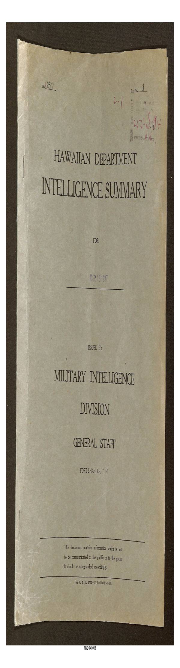 Page 1 preview of Hawaiian Department Intelligence Summary: Amelia Earhart Putnam