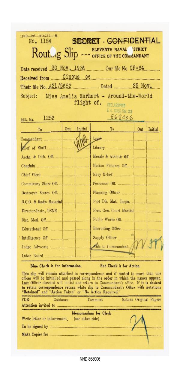 Page 1 preview of Eleventh Naval District Routing Slip and U.S. Fleet Memo on Amelia Earhart Flight