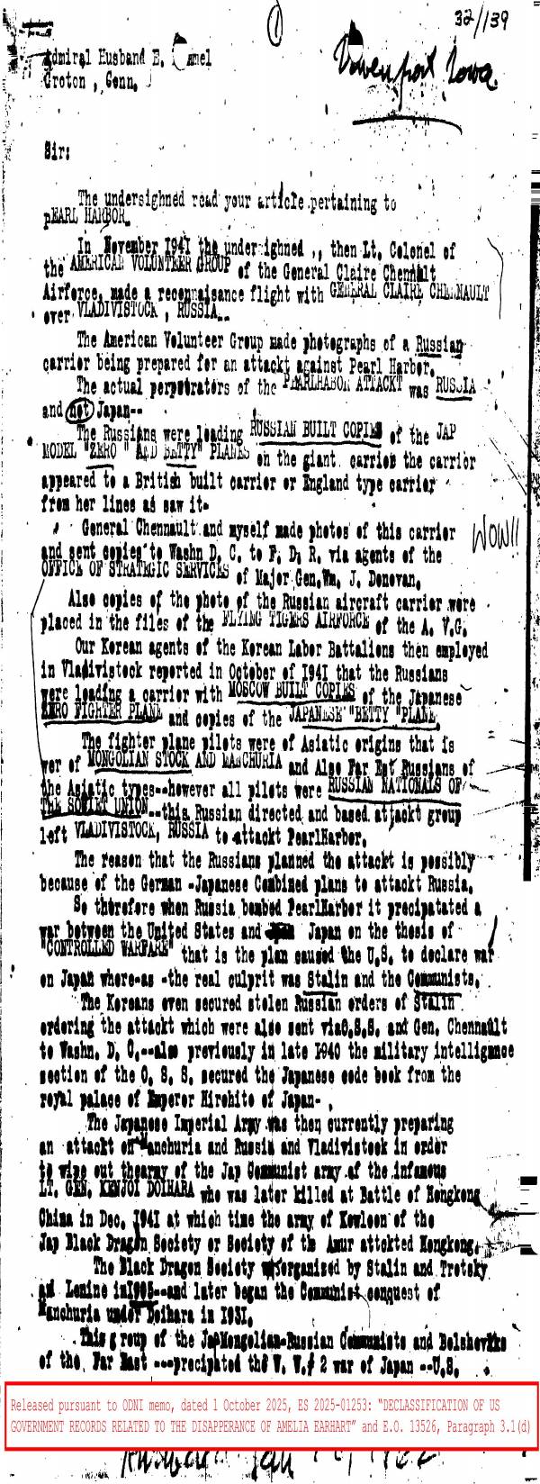 Page 1 preview of Letter to Admiral Kimmel on Alleged Russian Pearl Harbor Attack and Amelia Earhart Claims
