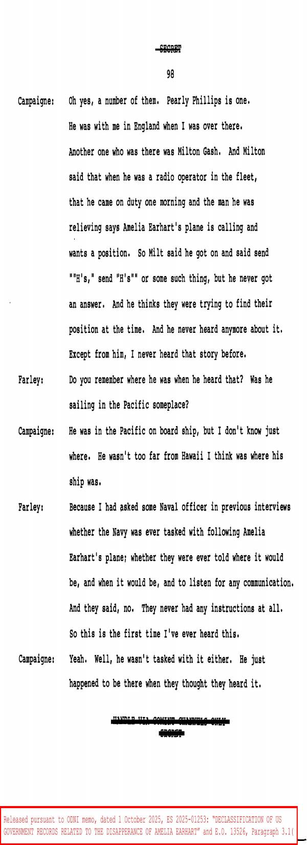 Page 1 preview of NSA Oral History Interview with Dr. Howard Campaigne and Robert D. Farley (Amelia Earhart Excerpt)