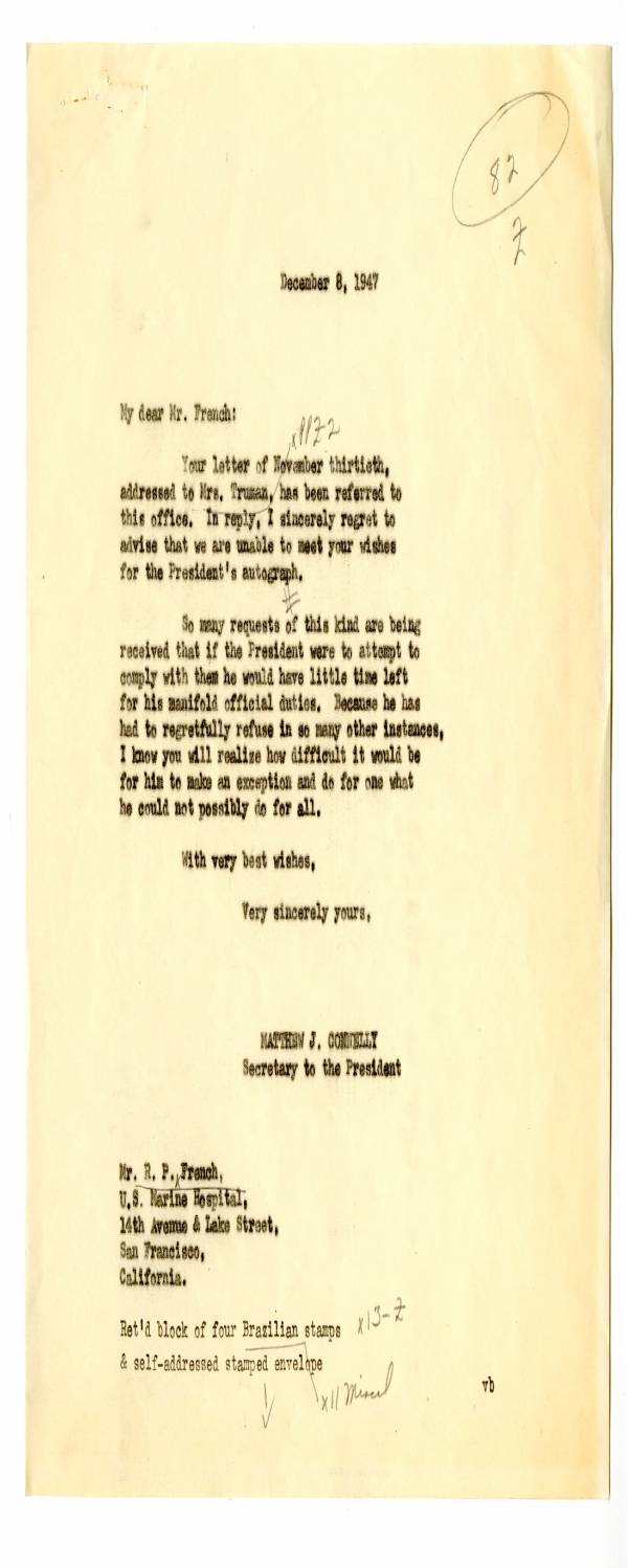 Page 1 preview of White House Letter and Note Concerning R. P. French's Autograph Request