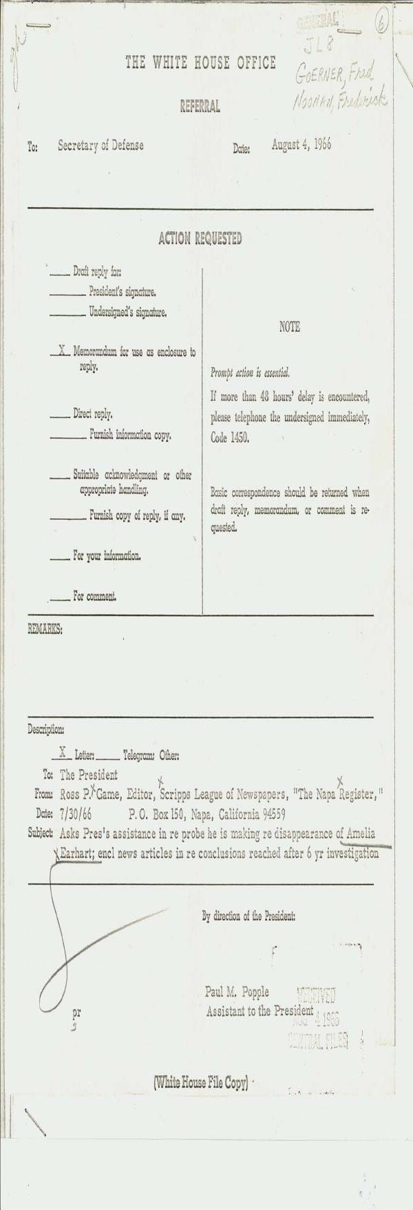 Page 1 preview of White House Central Files: Amelia Earhart Correspondence and Referrals
