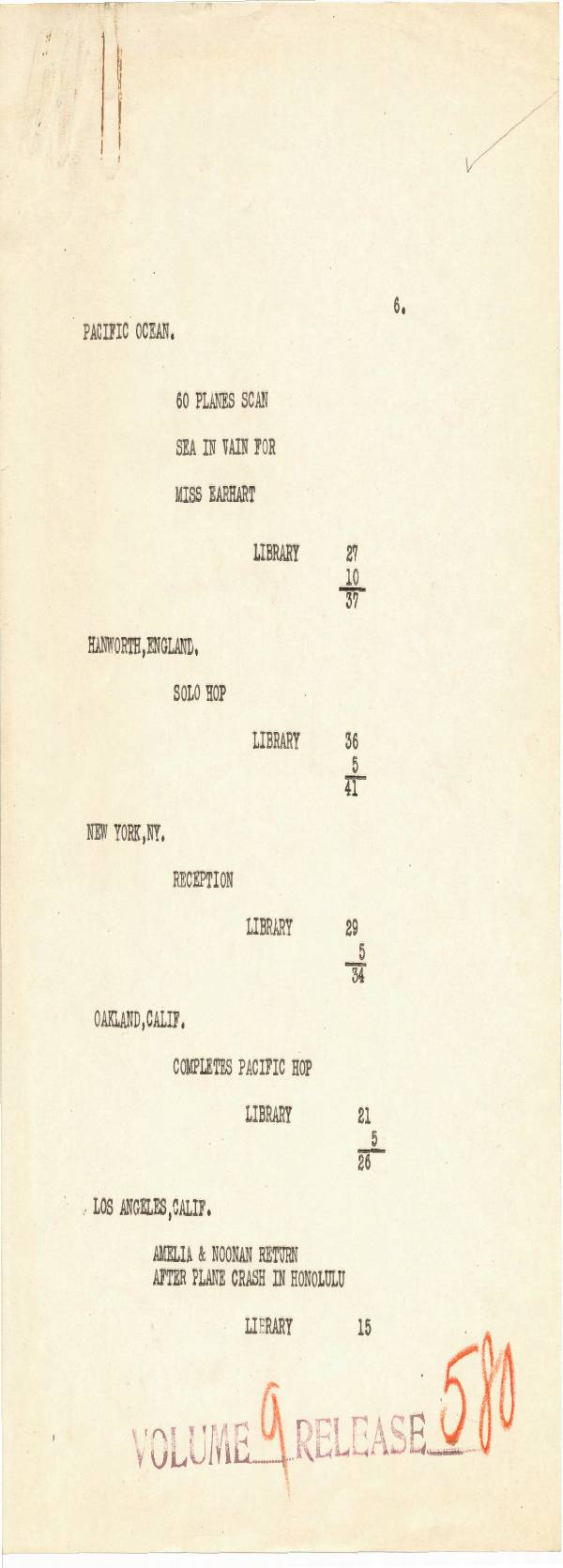 Page 1 preview of Universal Newspaper Newsreel, Vol. 9, Rel. 580: Earhart Search and Story Synopses
