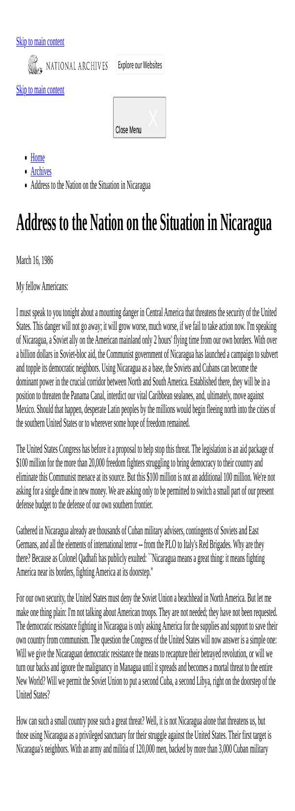 Page 1 preview of Address to the Nation on the Situation in Nicaragua