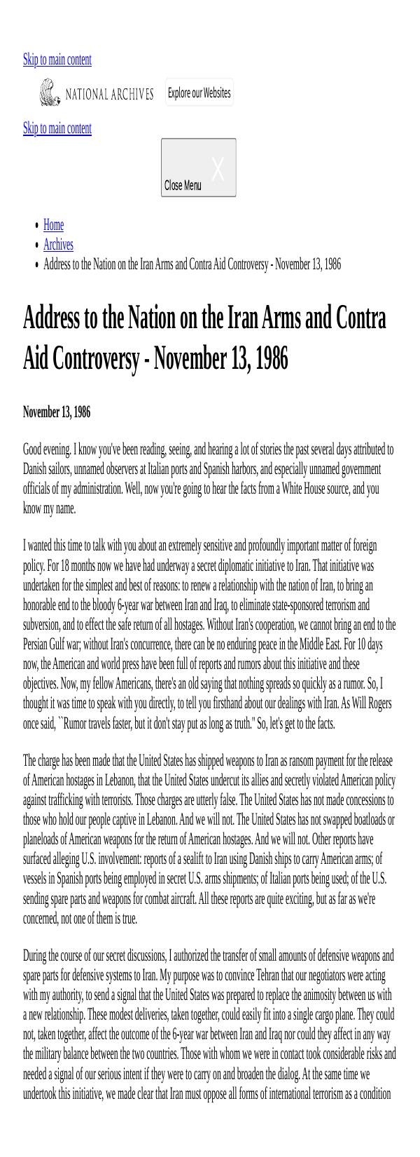 Page 1 preview of Address to the Nation on the Iran Arms and Contra Aid Controversy