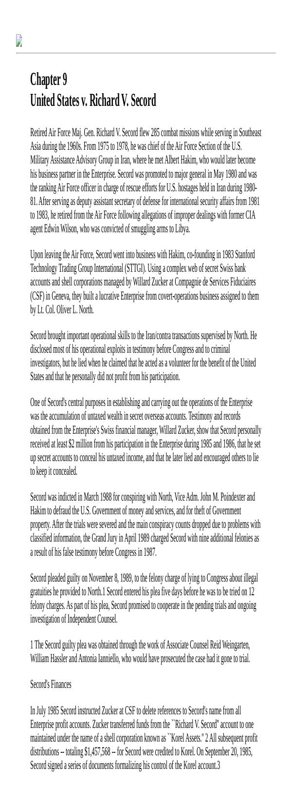 Page 1 preview of Walsh Final Report: Chapter 9, U.S. v. Richard V. Secord
