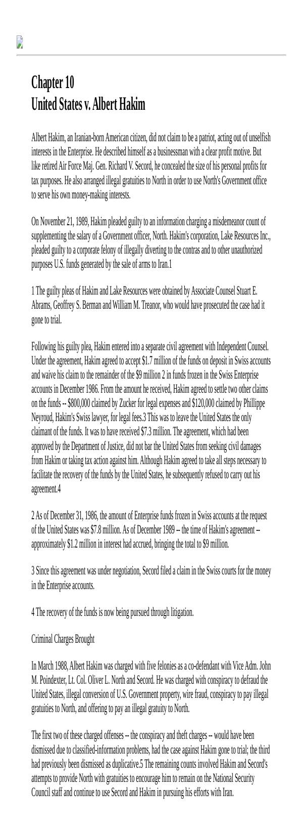 Page 1 preview of Walsh Final Report: Chapter 10, United States v. Albert Hakim