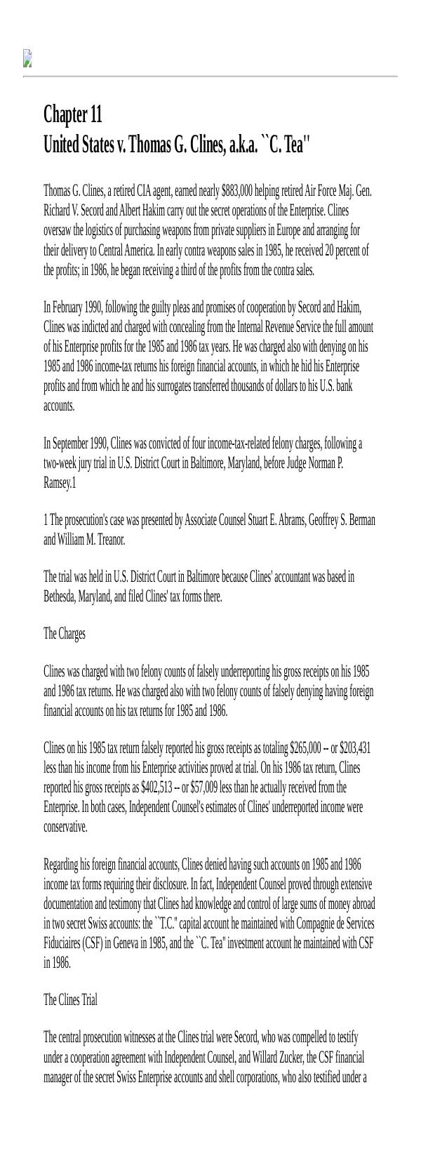 Page 1 preview of Walsh Final Report: Chapter 11, U.S. v. Thomas G. Clines