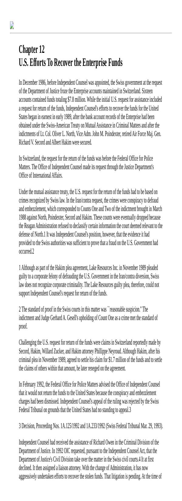 Page 1 preview of Walsh Final Report: Chapter 12 - U.S. Efforts To Recover the Enterprise Funds