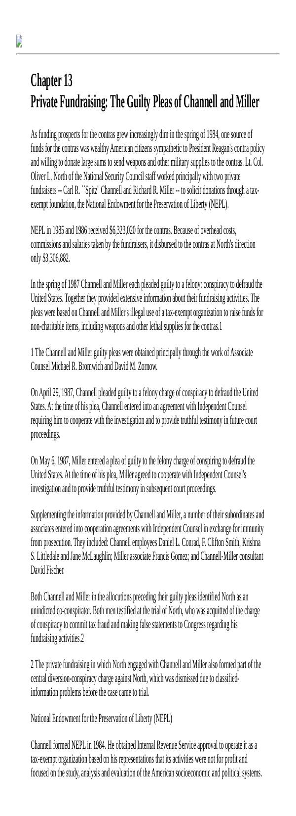 Page 1 preview of Walsh Final Report: Chapter 13, Private Fundraising: The Guilty Pleas of Channell and Miller