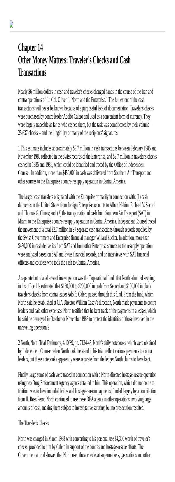 Page 1 preview of Walsh Final Report: Chapter 14 Other Money Matters: Traveler's Checks and Cash Transactions