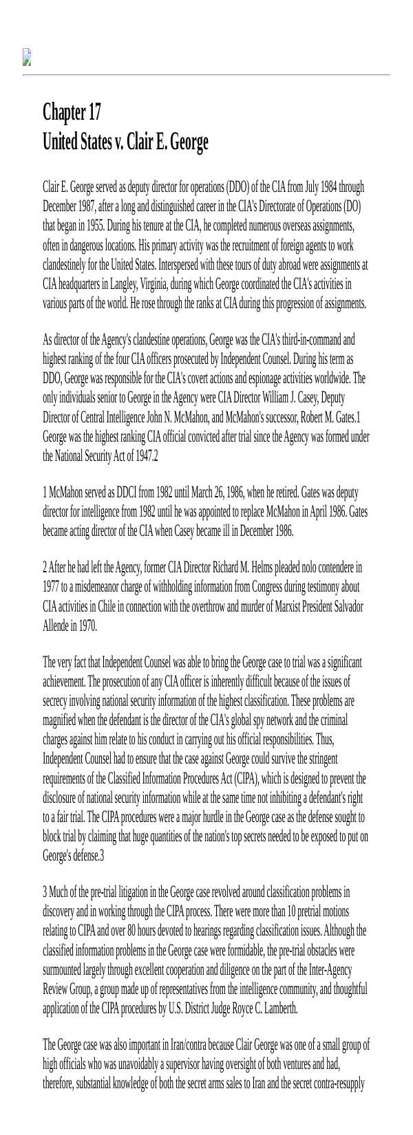 Page 1 preview of Walsh Final Report: Chapter 17, United States v. Clair E. George