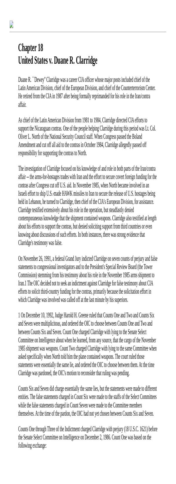 Page 1 preview of Walsh Final Report: Chapter 18, U.S. v. Duane R. Clarridge