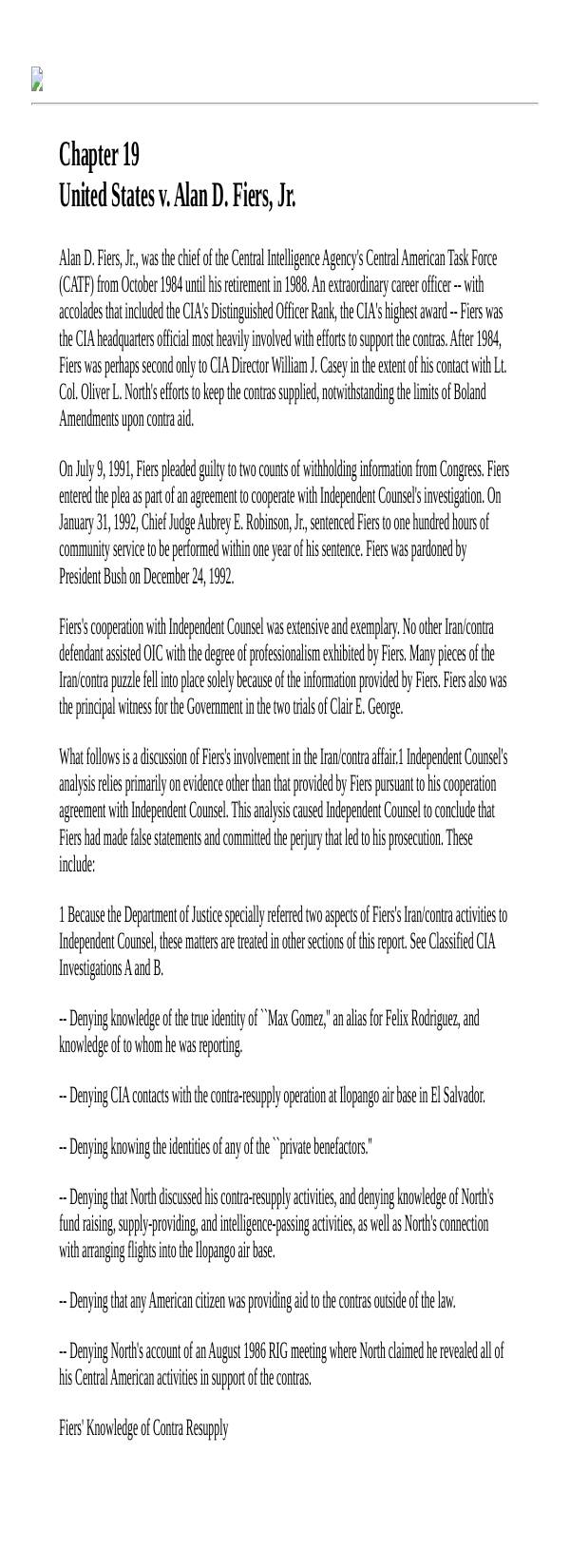 Page 1 preview of Walsh Final Report: Chapter 19, U.S. v. Alan D. Fiers, Jr.