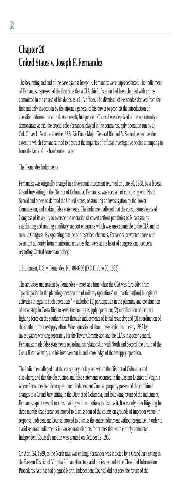 Page 1 preview of Walsh Final Report: Chapter 20, U.S. v. Joseph F. Fernandez