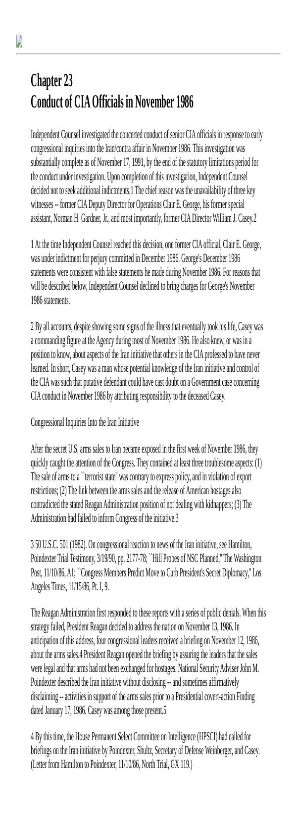 Page 1 preview of Walsh Final Report: Chapter 23, Conduct of CIA Officials in November 1986