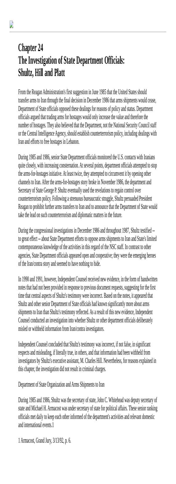 Page 1 preview of Walsh Final Report: Chapter 24, George P. Shultz, M. Charles Hill and Nicholas Platt